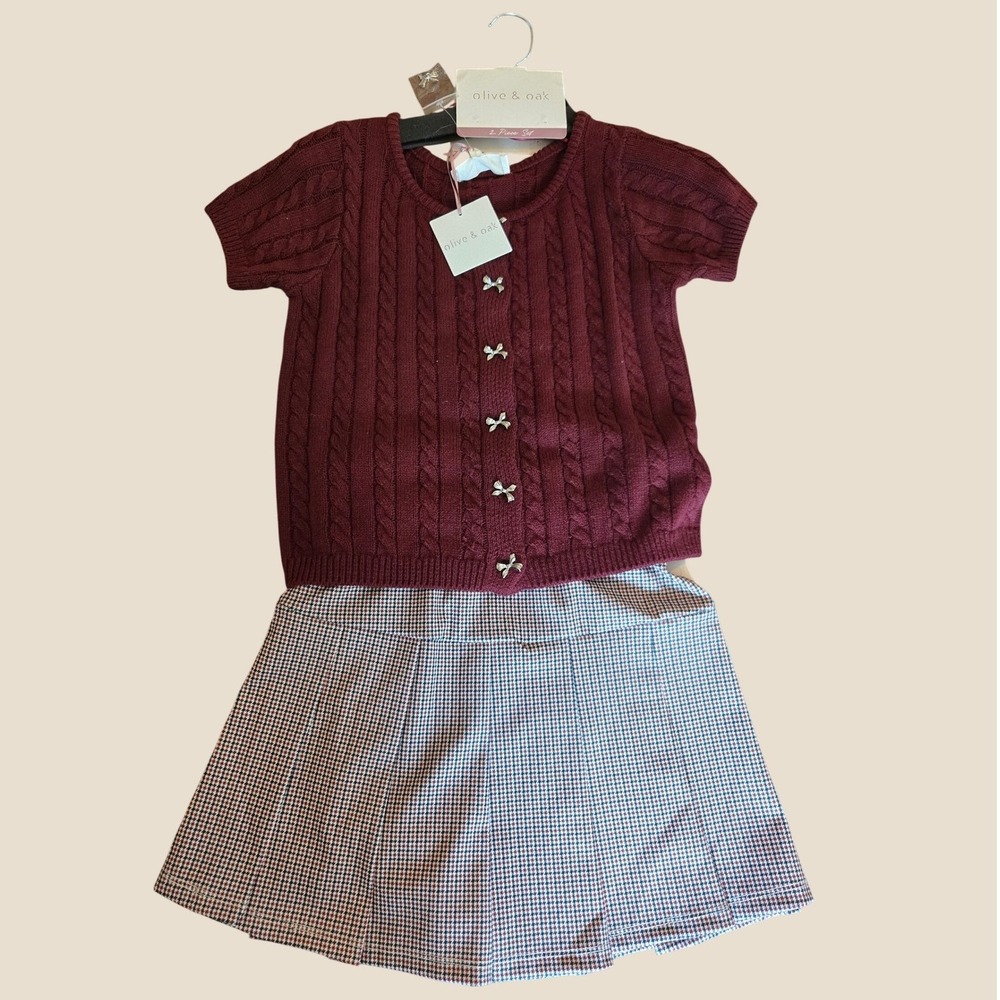 Olive & Oak Women XS 2 Piece Set Burgundy Cable Knit Cardigan Houndstooth Skirt